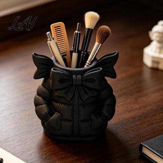 Unique Gift for Women Cute Bow Puffer Jacket Pen Holder 3D Printed Desktop Organizer Decorative Makeup Brush Storage Cup Cup Creative Container