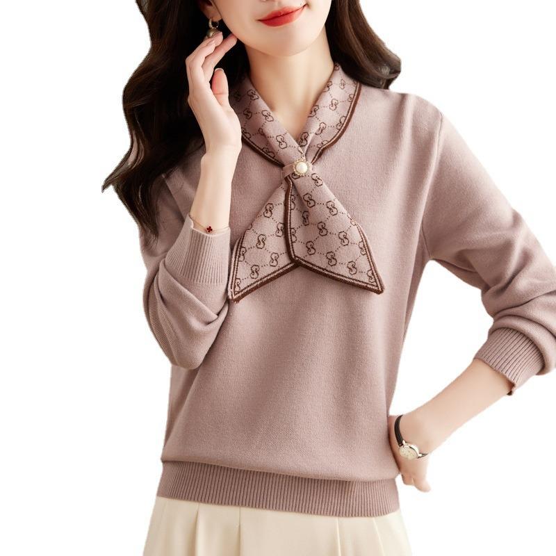 Women's knitted sweater spring and autumn bow temperament retro fashion sweater thickened knitted sweater women