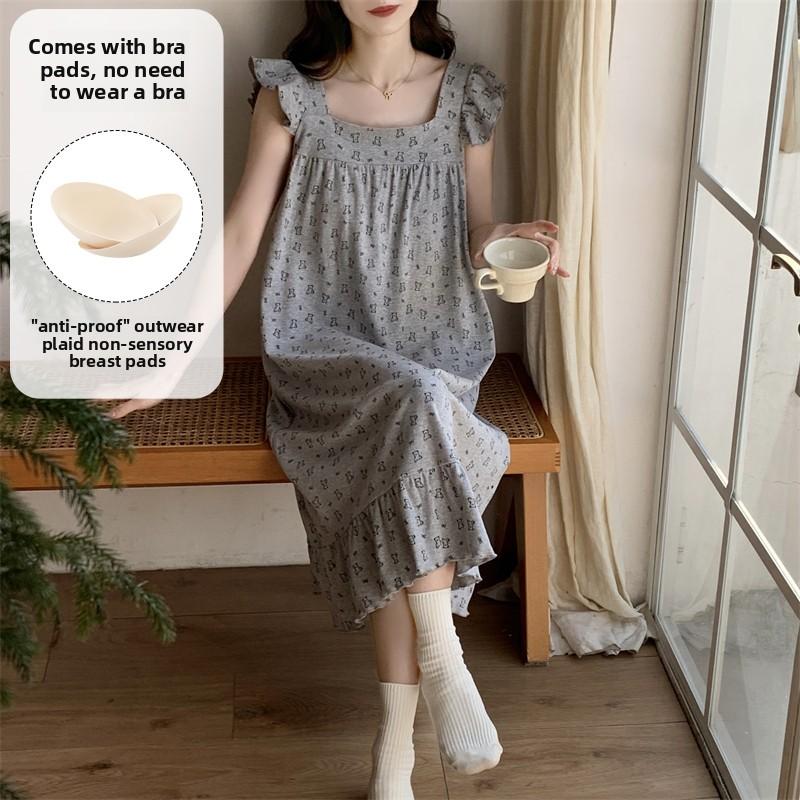 Summer Cartoon Print Casual Loose Nightdress with Chest Pad Sleepwear Women Square Neck Sleepdress Young Girl Nightgown Homewear