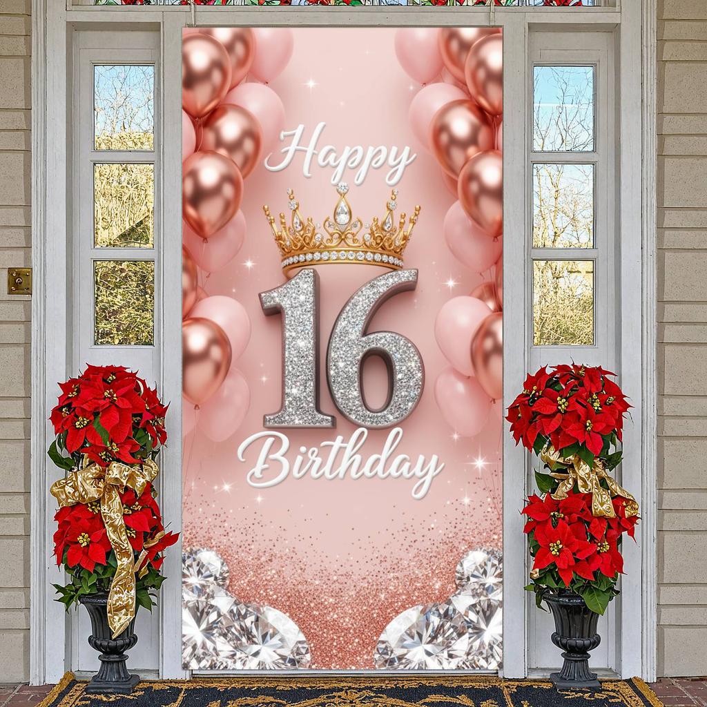 16th Birthday Banner Rose Gold Balloons Glitter Birthday Backdrop 16th Birthday Door Cover Rose Gold Glitter For Sweet 16