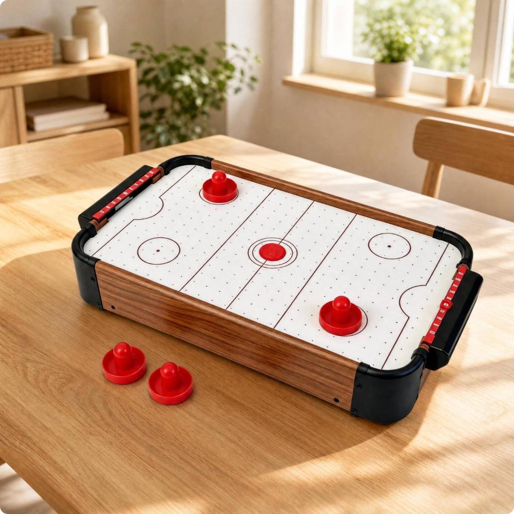 Tabletop Air Hockey Game with Pucks and Pushers Complete Set Wooden Compact
