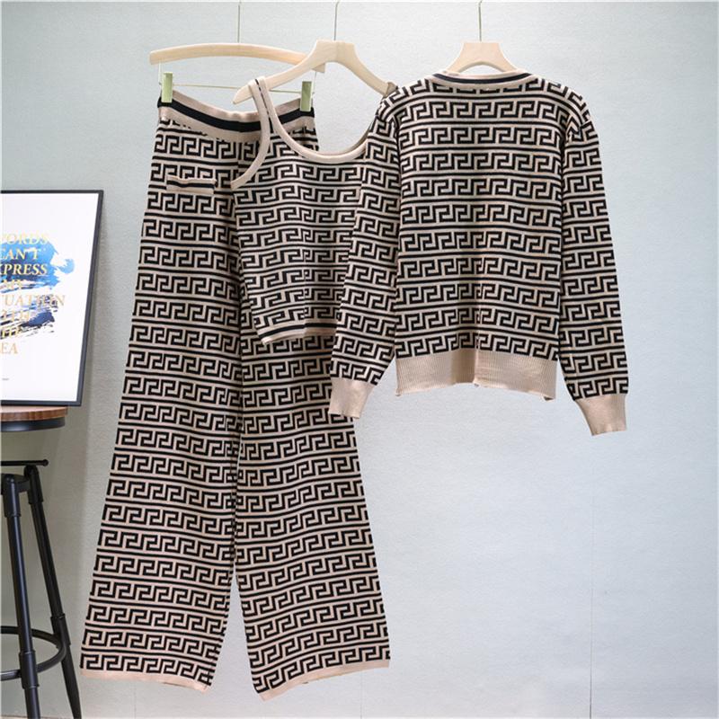 Autumn And Winter Jacquard Knitted Cardigan Women's Suit Jacket Vest And Pants Three Piece Set