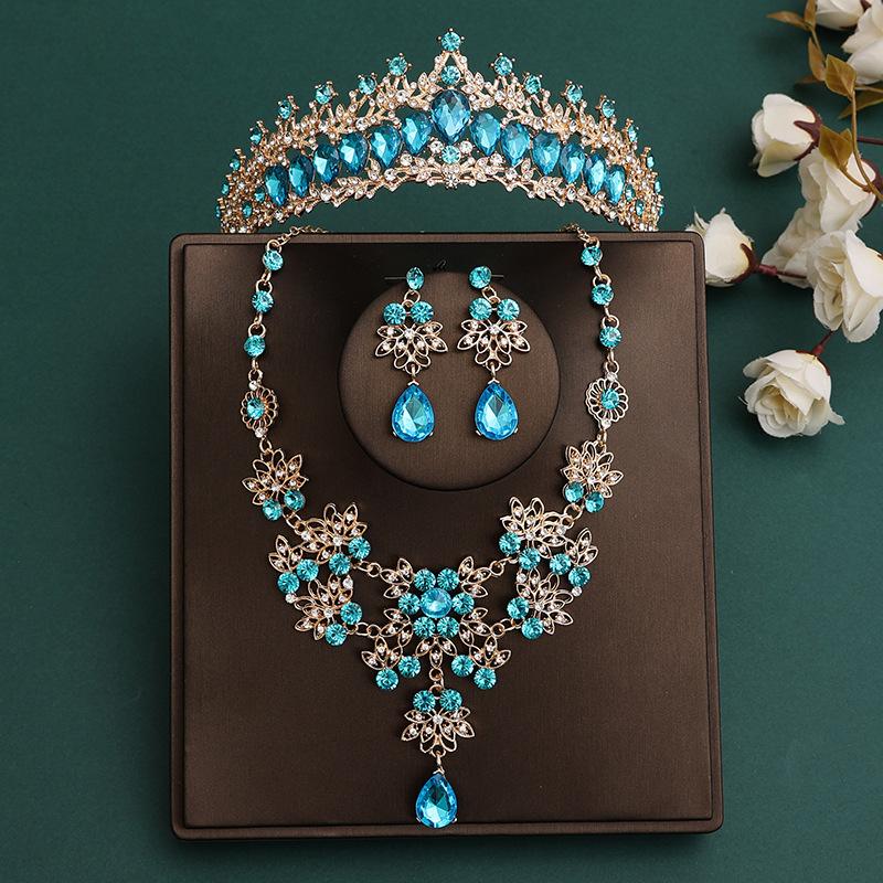 DIEZI Korean Sky Blue Crystal Crown Women Girls Headwear Luxury Bridal Bride Tiaras Necklace Earrings Wedding Party Jewelry Sets