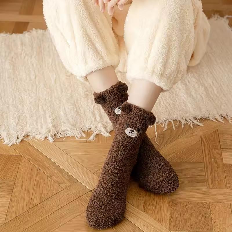 Cute Bear Socks Women Coral Velvet Thick Plush Warm Socks Sleep Fluffy Socks Cute Cartoon Lovely Floor Fuzzy Socks Winter
