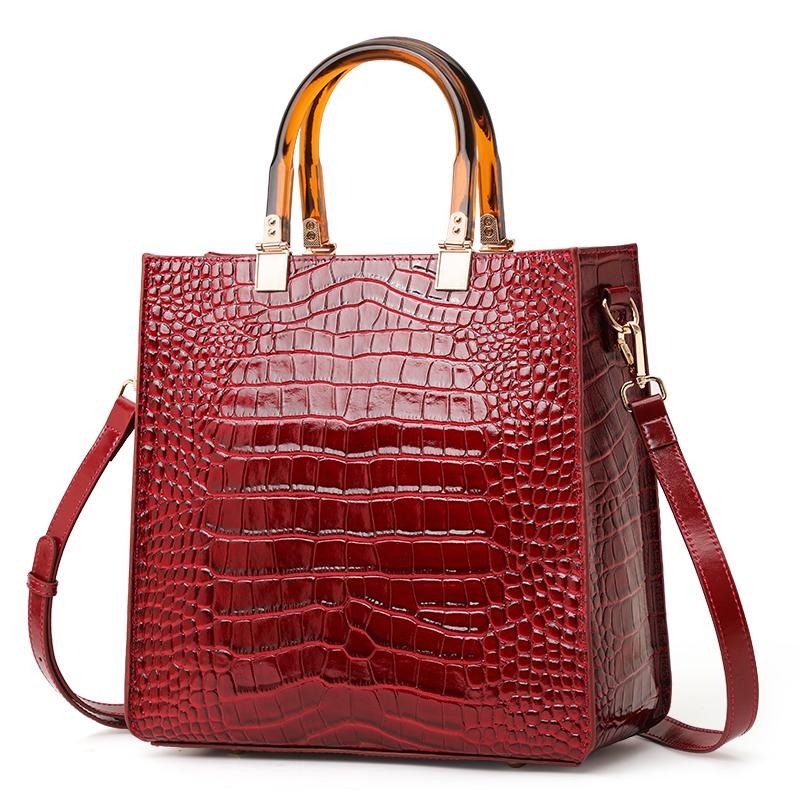 Aidrani Elegant Glossy Croc-Embossed Handbag with Amber Top Handle, Convertible Satchel for Work & Party L