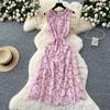 Noble Women's Dress Summer French Light Luxury Heavy Industry Diamond Round Neck Sleeveless Waist Lace Long Skirt