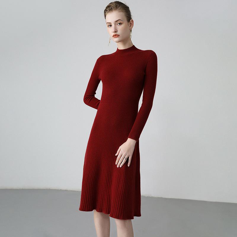 Women's Slim-Fit Over-the-Knee Cashmere Sweater Dress with Half-High Collar and Long Sleeves for Autumn-Winter.