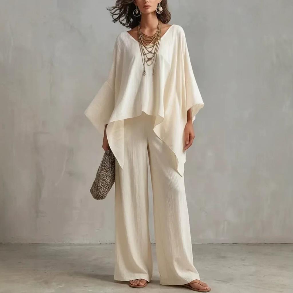 Womens V Neck Loose Fit Top with Wide Leg Pants Set Multi Colors