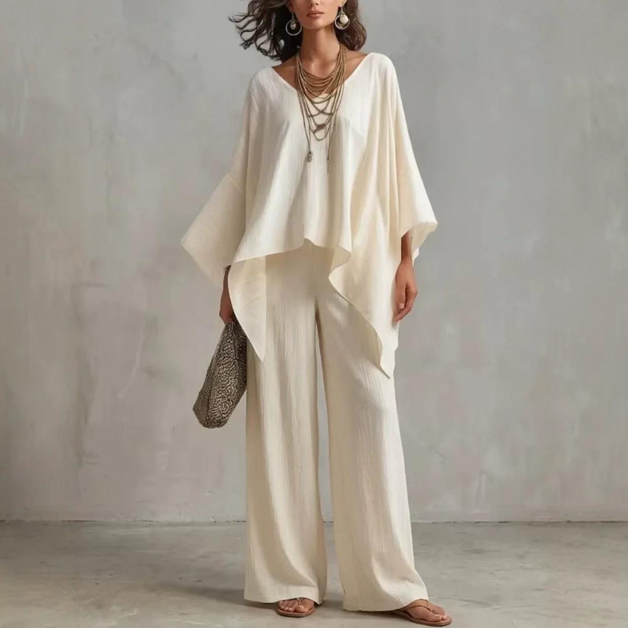 European and American women s clothing summer cross-border Amazon summer new cotton and linen elegant simple loose women s solid color suit S белый