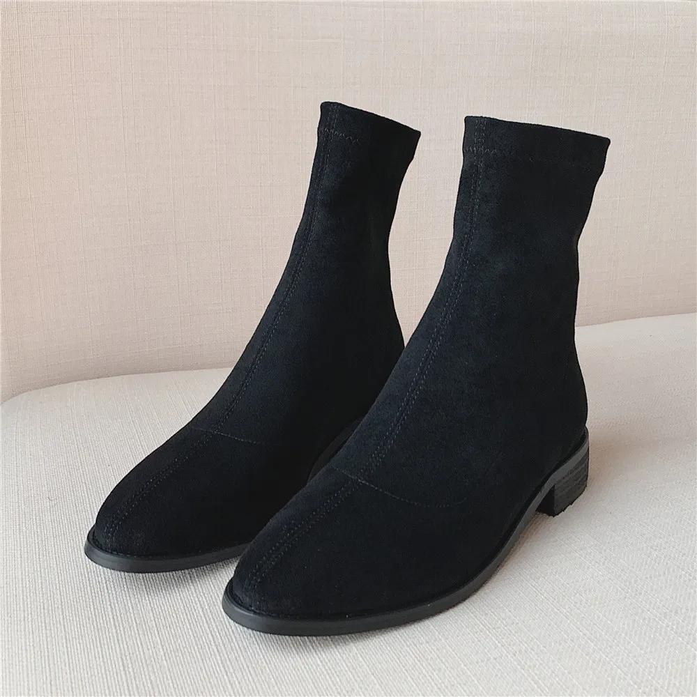 High Quality Ladies Sheep Suede Ankle Boots Chunky Low Heel Round toe Boots Fashion Women Slip-on Winter Boots Shoes 34-43