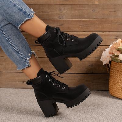 Herbst- und Winter-Schuhwerk Übergröße Retro Dicke Ferse Hoher Absatz Schnürschuhe Bequem Kurzer Schaft Damenstiefel