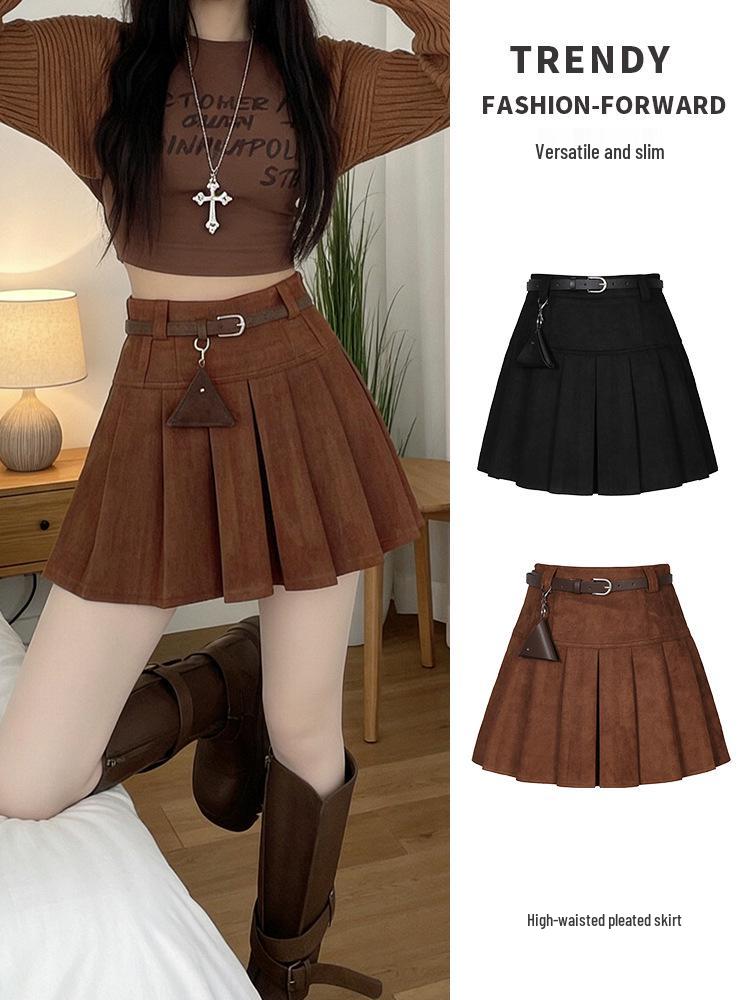 2026 Spring Retro Pleated High-Waisted Suede Skirt - Women's Slimming, Leg-Lengthening Academy Style