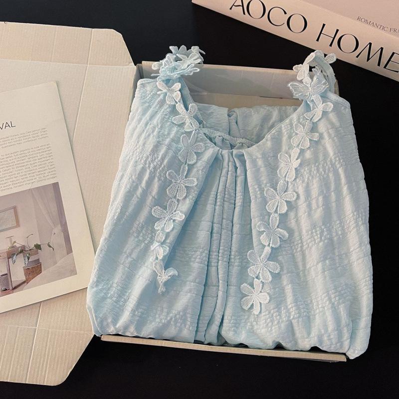 2026 Women's Summer Nightgown: Built-in Bra, Cloud Cotton, Butterfly Flower, Spaghetti Strap, Sexy Home Wear Set