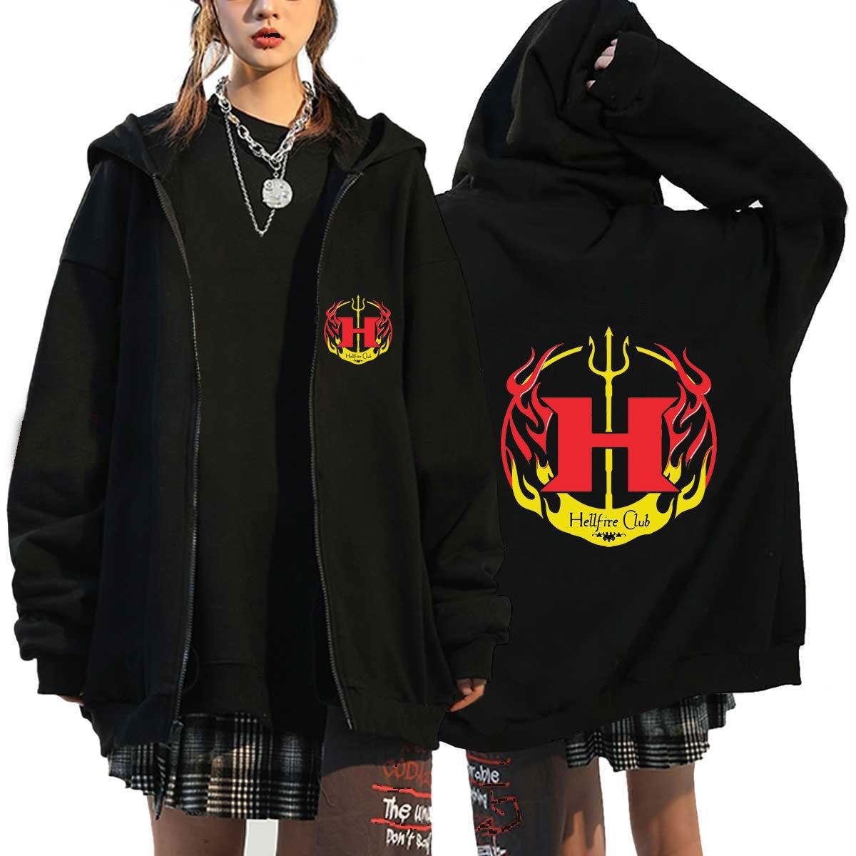 

Hellfire Club Print Hooded Zipper Men Women Casual Fashion Vintage Long Sleeve Tops Fleece Zip-Up Sweatshirts XS чёрный
