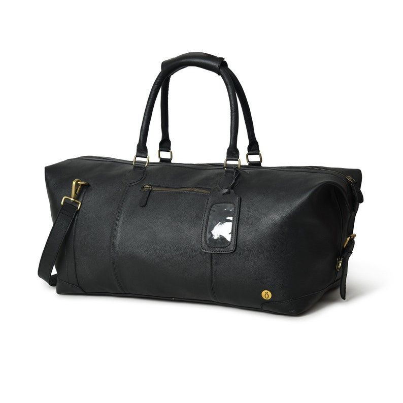 Handmade Black Leather Duffle Bag: Personalized Travel Overnight Bag