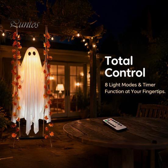 Autumn Maple Leaf Accents Hanging Swing Ghost Halloween Decoration with Leaf, Light Up Ornament Seasonal Manor Window Decor Height Adjustable