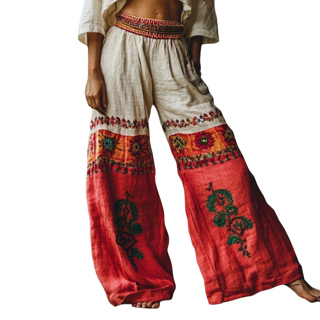 Women's Cotton And Linen High Waist Retro Print Fashion Trousers