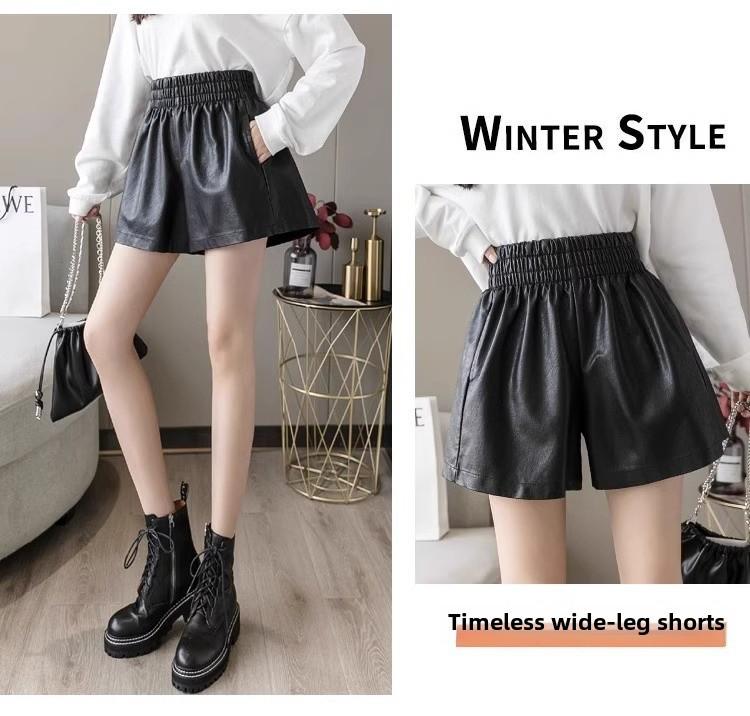 Women's 2023 Autumn/Winter PU Leather A-Line Shorts, High Waist, Loose Fit, Casual Slim Boot Style