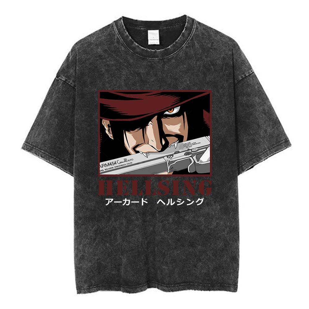 Anime Hellsing Alucard Cool Printing T Shirt Men Vintage Manga Tshirts Washed Cotton Tee Harajuku Male Casual Oversized T-shirt