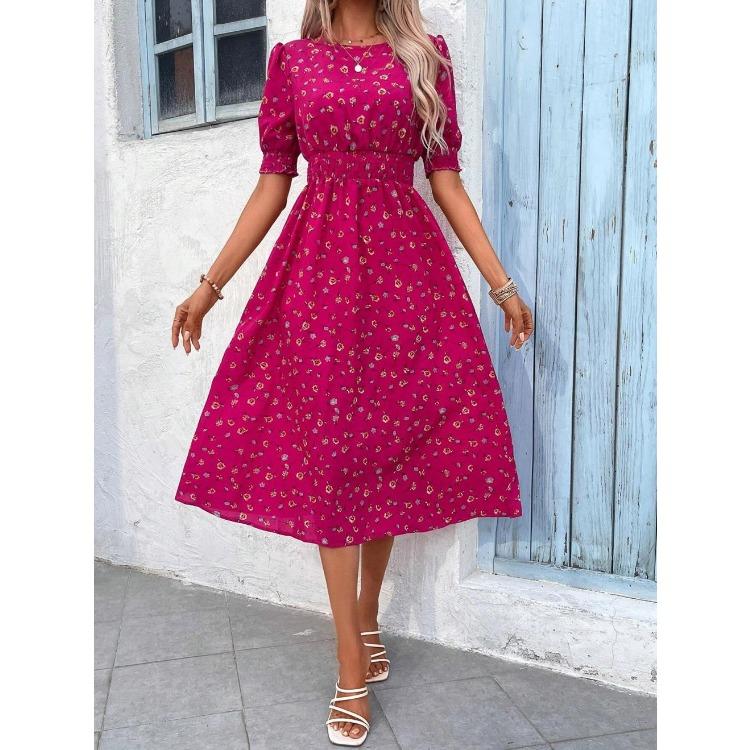 Women Summer Puff Sleeve High Waist Floral Midi Vacation Print Long Comfortable Lightweight High Recognition Elegant with Flattering Chic Dress