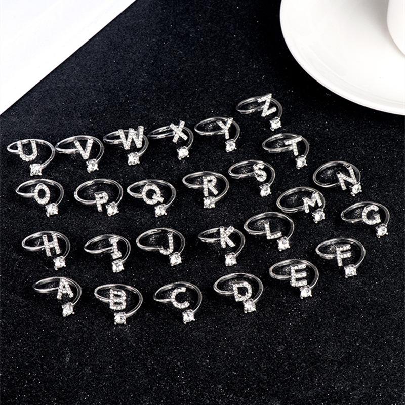 Zircon Initial A-Z Letter Ring For Women Metal Adjustable Opening Ring Name Alphabet Female Wedding Gift Anillos Mujer