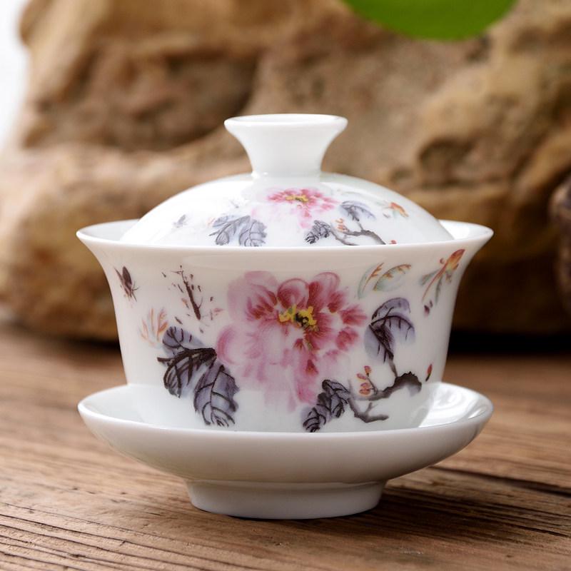 Blue and White Ceramic Gaiwan Tea Set: Small Tea Bowl & Tasting Cup with Concave Lid.