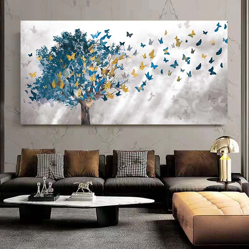 Soyut Mavi Ağaçlar ve Kelebek Tuval Boyama Posteri ve Baskılar İskandinav Resimleri için Oturma Odası Ev Duvar Sanatı Dekoratif