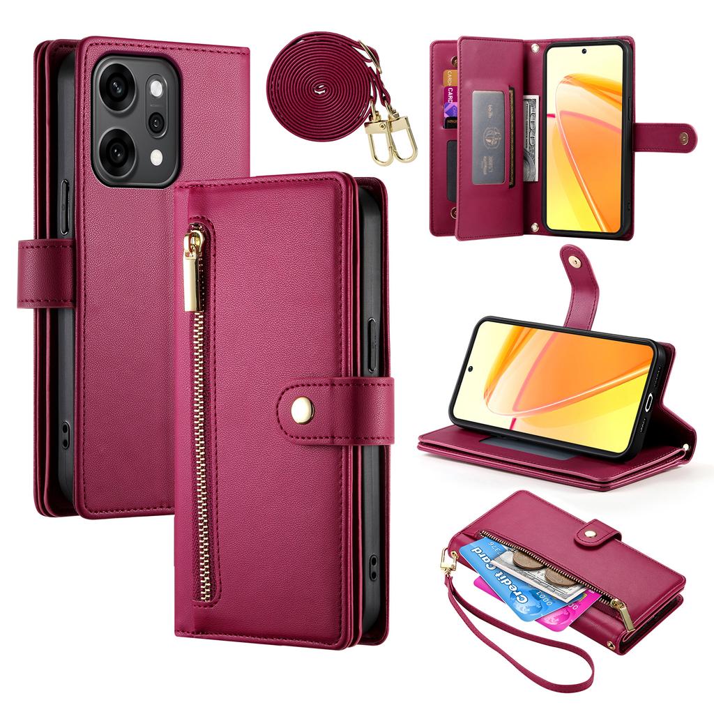 For Oppo Reno14 Pro 5G (Global) Case Zipper Pocket Wallet Leather Phone Cover with Straps