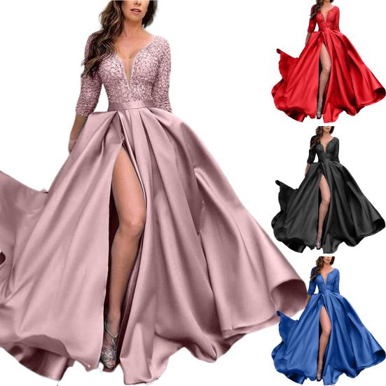 Deep V-Neck 45720 Sleeve Lace Splicing Waist Tight Mid-Rise Gown Dress Women Sequins