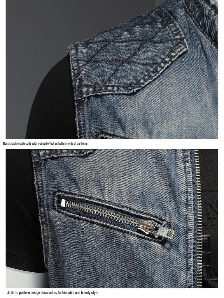 Herren Plus Size schulterfreier Denim-Motorradweste mit Stehkragen