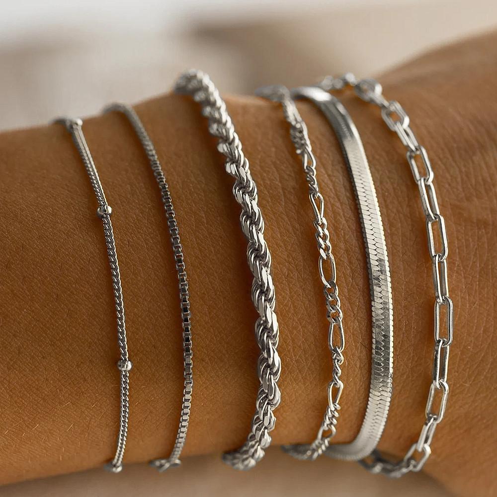 iF ME Retro Silver Chain Bracelet Set Heart Snake Bone Bracelets for Women Jewelry Accessories
