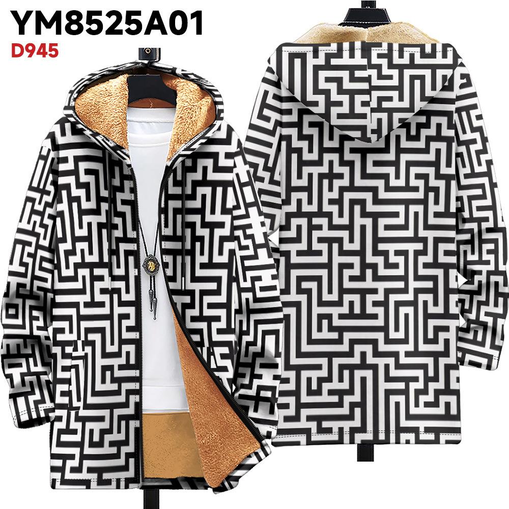 New Jacket: Multi-colored Pattern Elements, Zipper Hooded Cardigan, Thickened Winter Fleece Padded Clothes, Yellow Lining, Trendy Cotton Clothes