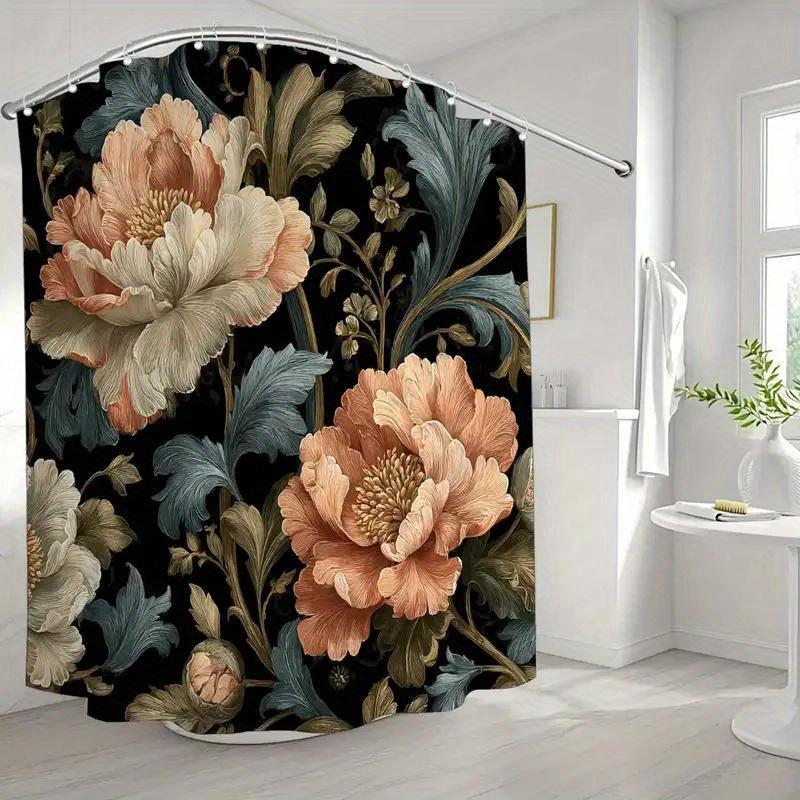 Pandara Jewelry Black/Pink/Gold Victorian Floral Shower Curtain – Background With Peonies & Vine, 12 Hooks, 70.87×70.87 Waterproof Bath Decor
