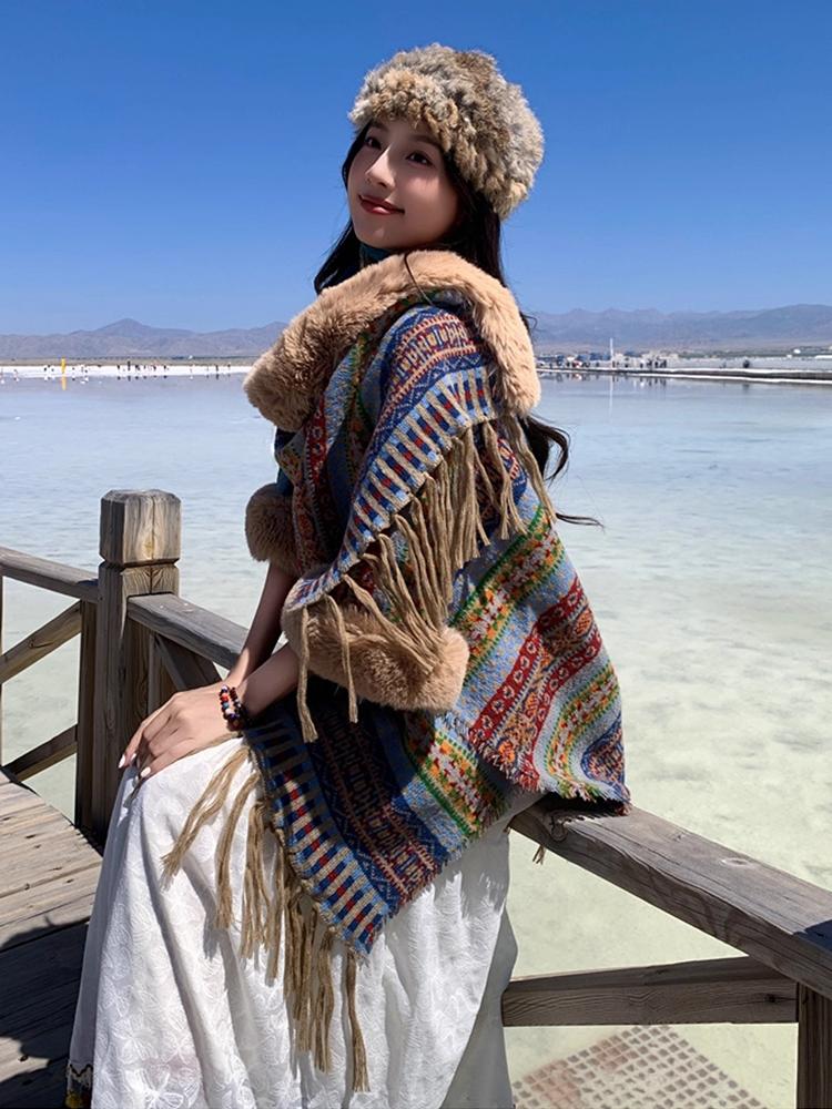 Winter Women Scarf Layers Poncho Elegant Retro Striped Print Wraps Shawl Casual Warm Hairy Scarve Capa Para Mujer Pashmina Cloak