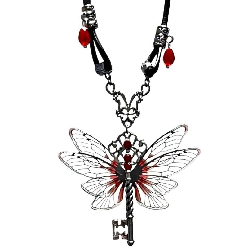 

(YOUU06)Y2K Dragonfly Key Red Zircon Necklace Pendant Wings Retro Punk Leather Hip Hop Choker Trendy Women s Jewelry Gifts