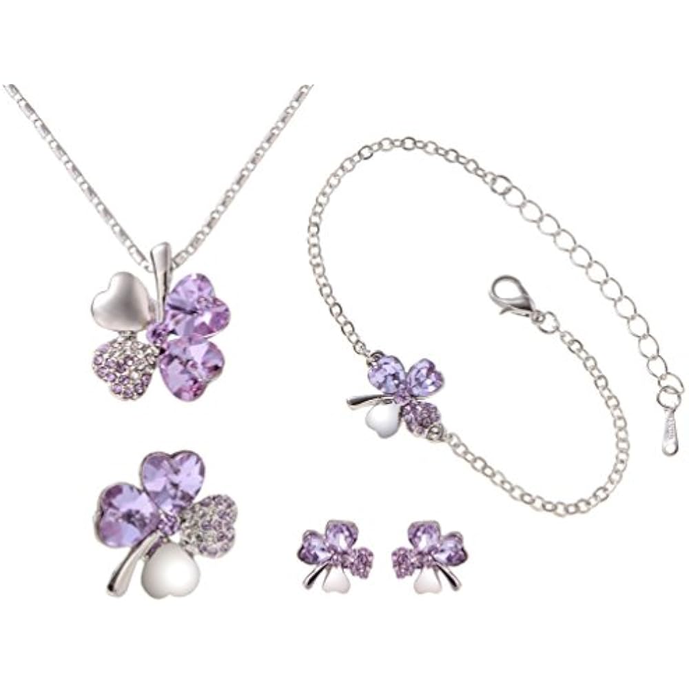 [Phoenix] Four Leaf Clover Necklace & Bracelet & Earrings & Brooch Total 4 Piece Jewelry Fashion ...