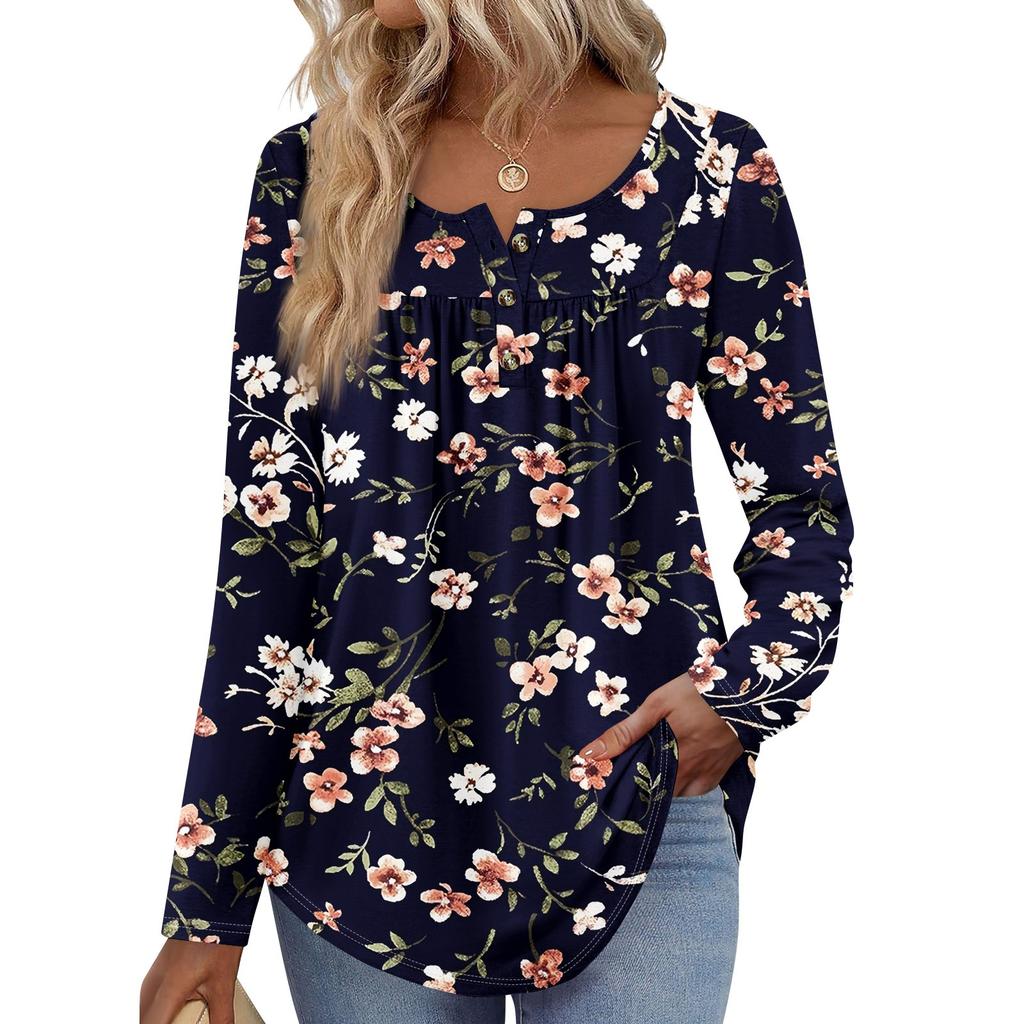 Women's Long Sleeve Tunic Loose Tops Casual Oversized Tops Pleated Tunic Button Down Casual Women's Print Tops