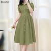 Women Casual Turn Down Collar Solid Color Summer Short Sleeve Dress