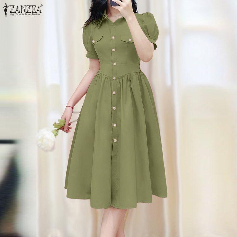 ZANZEA Vestido Casual de Verão Feminino com Gola Reversível, Cor Sólida e Manga Curta