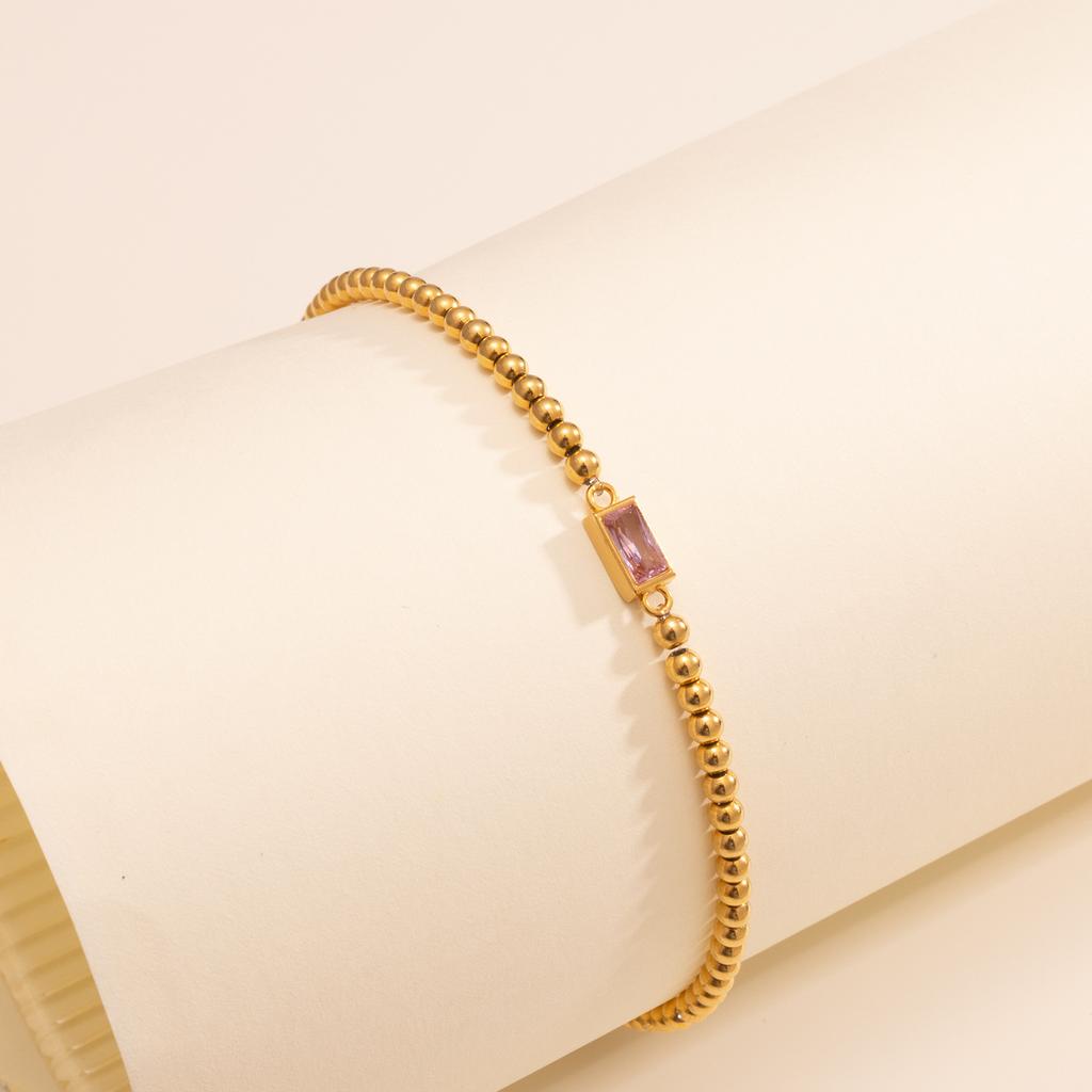 Birthstone Charm Ball Beaded Bracelet 18K Gold Plated Stainless Steel Month Stone Stretch Jewelry