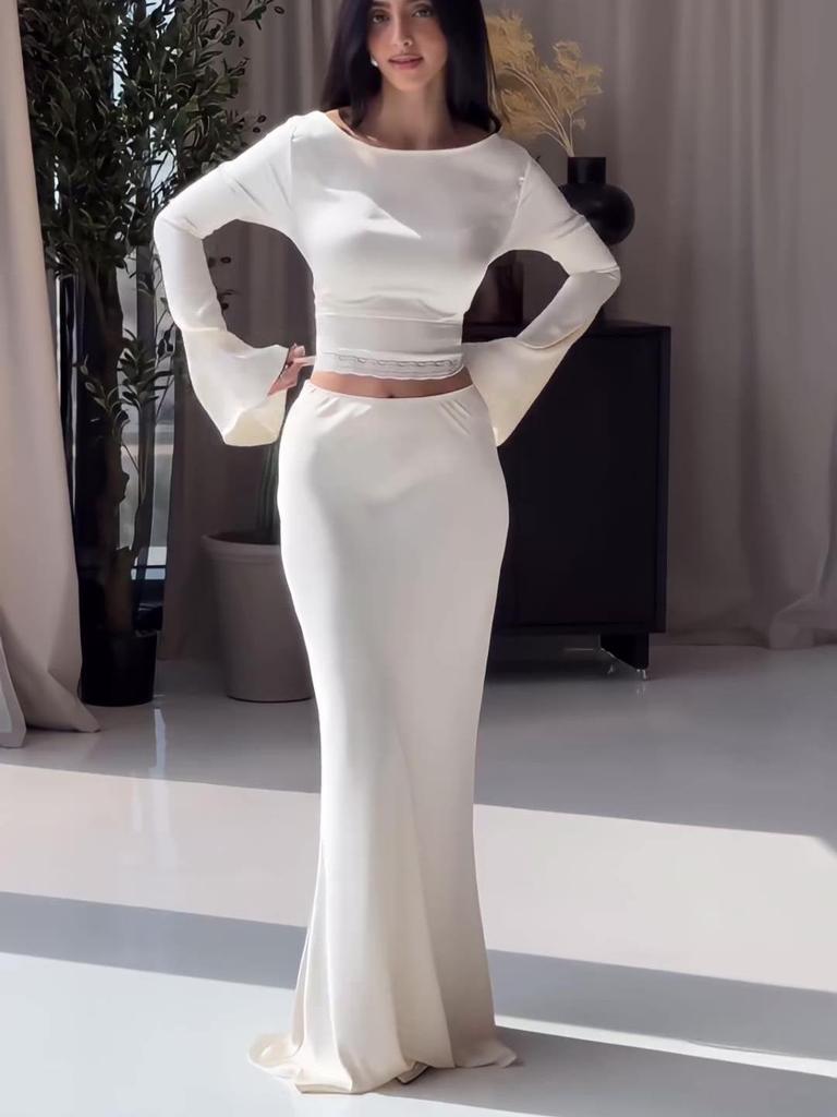 2024 Autumn European & American Solid Color Round Neck Crop Top Sexy Bodycon Two-Piece Set