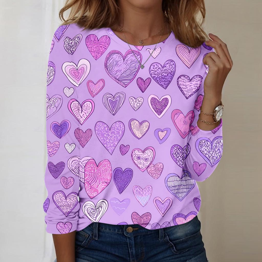 Women's Heart,shaped Printed Round,neck Loose Long,sleeved Top
