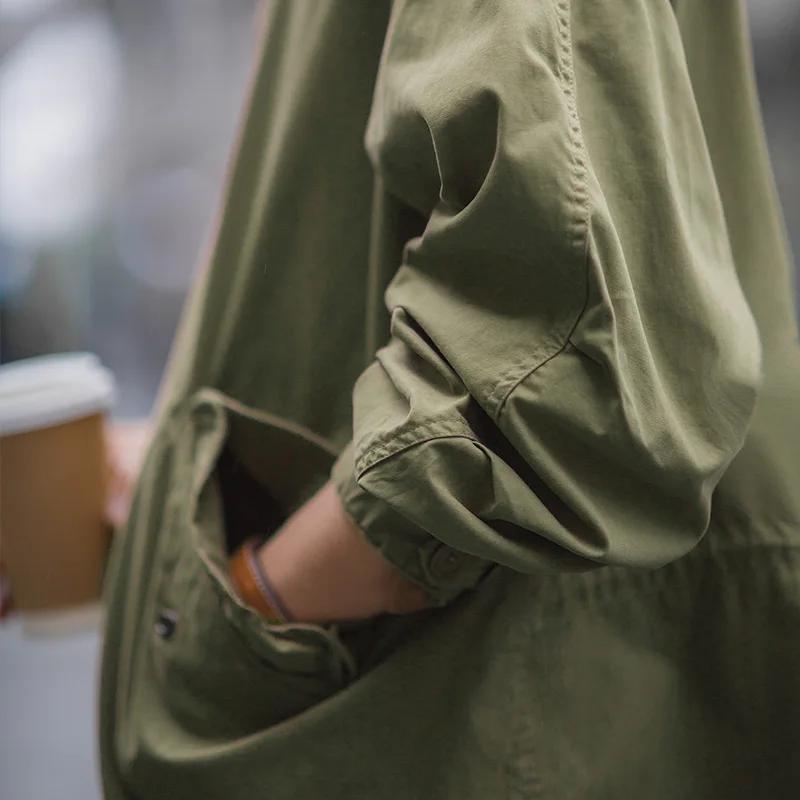 Maden Pánský M51 Parka s rybím ocasem Vintage Zelená Tkaná Šňůrka v pase Bunda Střední délka Oversized Volná Vnější oblečení pro muže