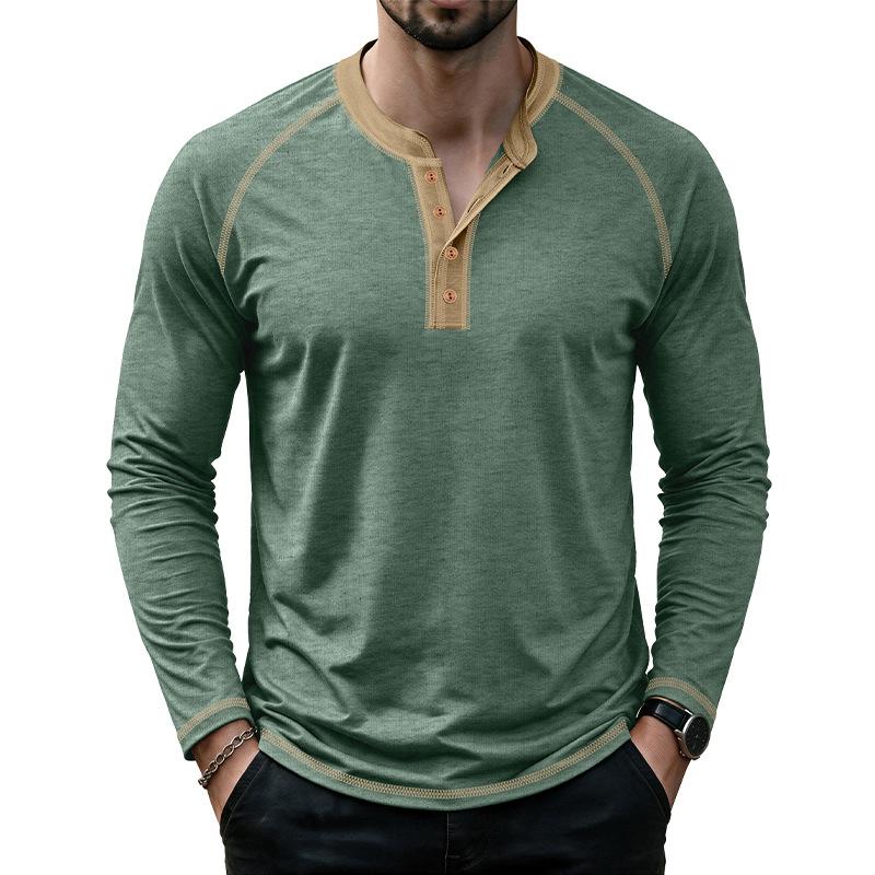 Men's Henley Long Sleeve T Shirt Raglan Color Contrast Stitching Button Placket Solid Casual Pullover Tops Spring Autumn Daily Tees