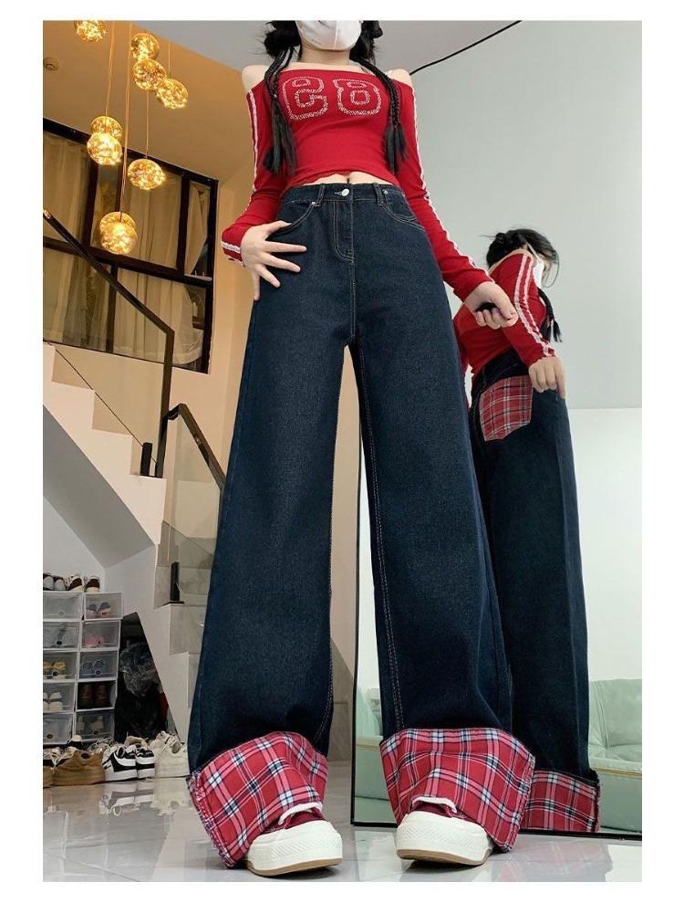 Comfortable Plaid Splicing Jeans Women Loose Large Yards To Cover Meat Retro Straight Wide Leg Long Trousers Jeans for Women Long Denim Pants