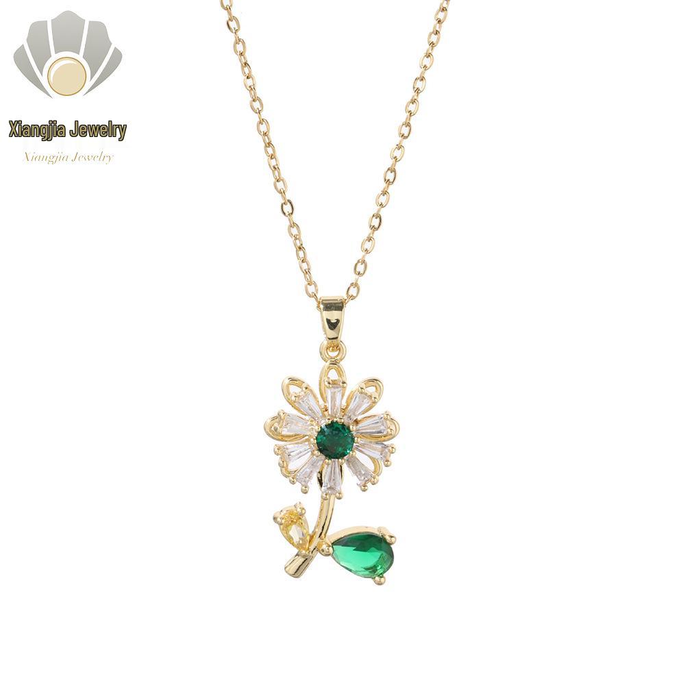 Emerald Sunflower Zircon Necklace: Women's Luxury Rotatable Ring Design