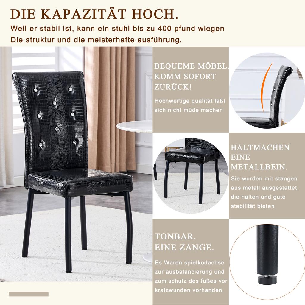 A Set of 2 Black Vintage Crocodile Leather Upholstered Dining Chairs, with Crystal Buckle and Faux Leather, Add Elegance and Mystery To Dining Area
