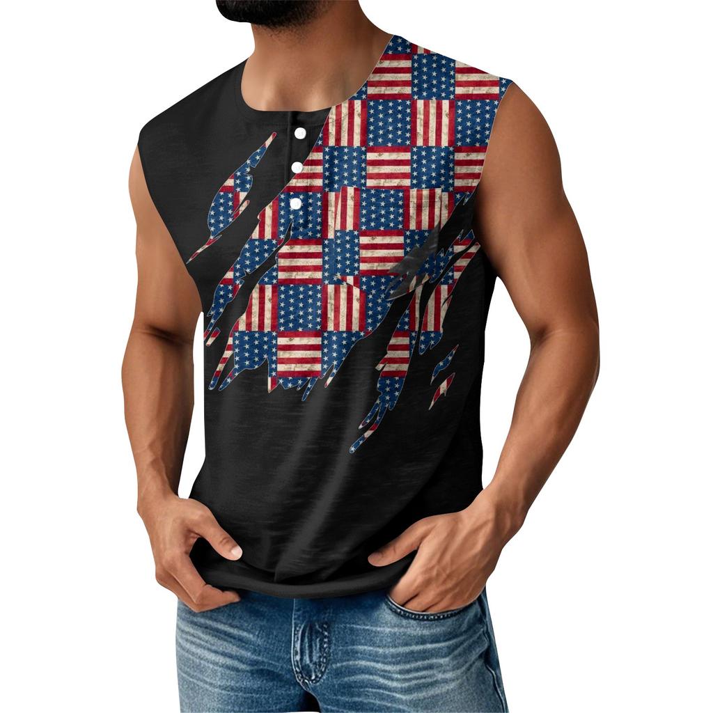 Men's Summer Independence Day Printed Sports Button Pocket Sleeveless Tank Top