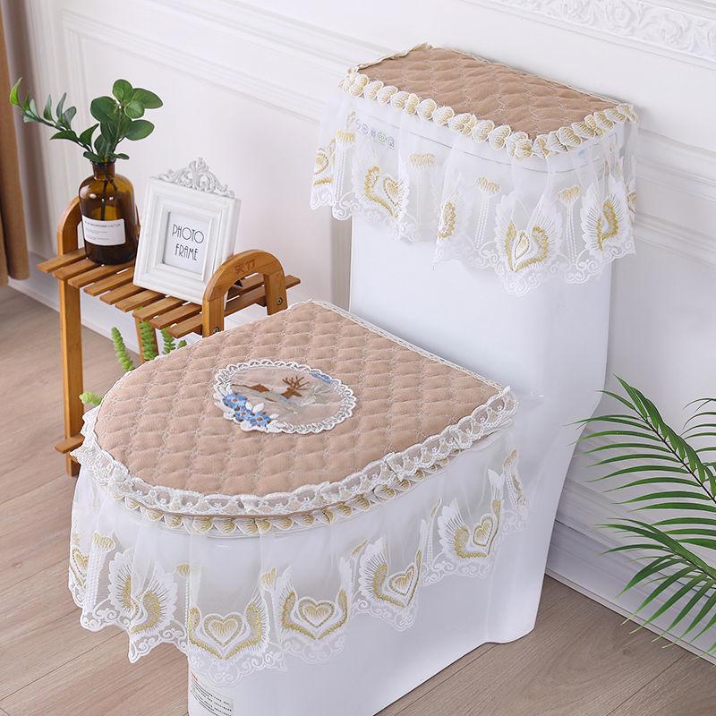 Universal European Style Double-Sided Toilet Seat Cover Set with Zippered Lace Fabric - All Seasons, Three-Piece Set.