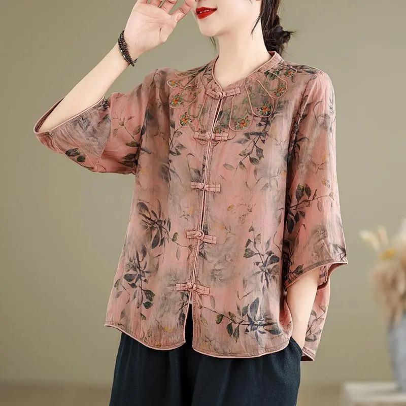 Womens Chinese Style Floral Print Frog Button 3/4 Sleeve Blouse M